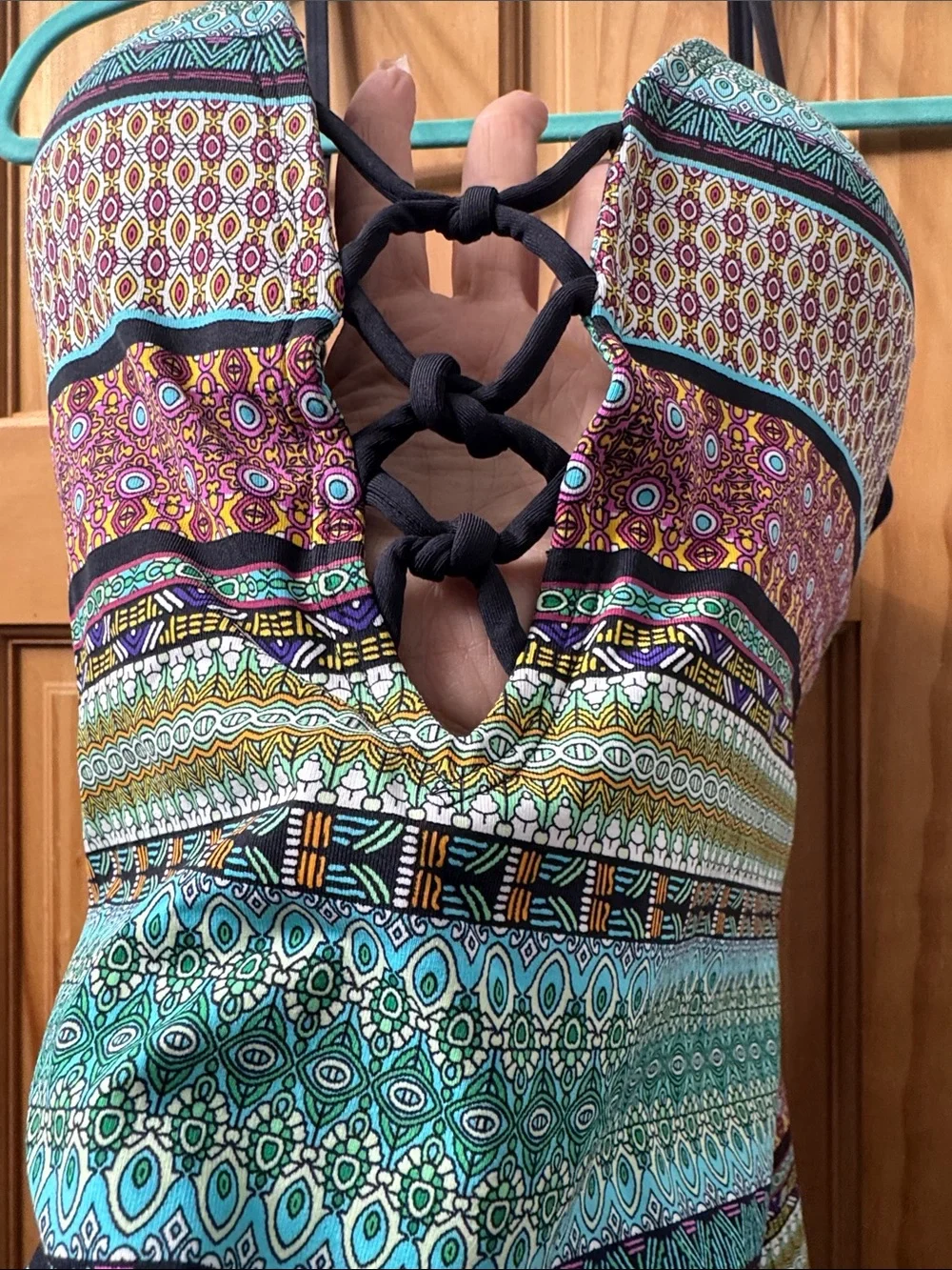 Bleu Rod Beattie Teal Multi‑Stripe Swim Camisole with Black Trim